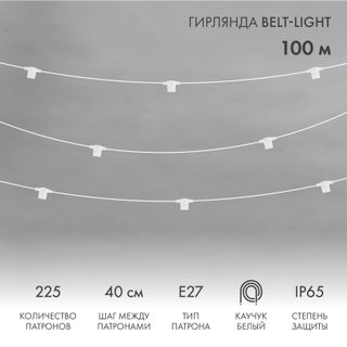Белт-Лайт 2 жилы, 100м, шаг 40см, 225 патронов Е27, IP65, белый круглый провод ПВХ